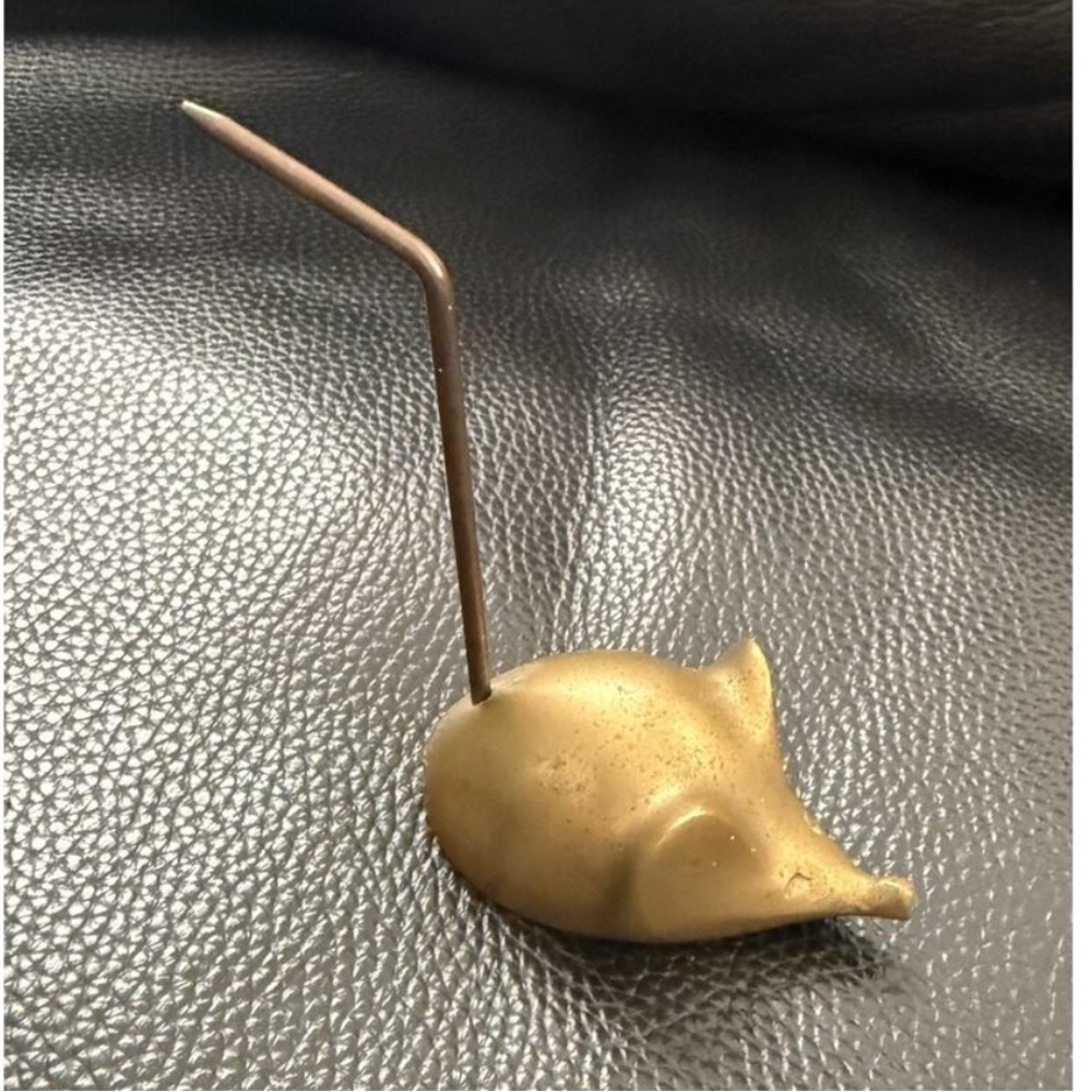 Vintage Mid Century Brass Mouse Figurine Long Tail Spike Ring Receipt Holder Mcm